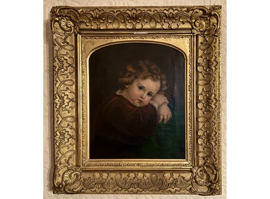 Sweet 19th Century Portrait In Oil Of Child In Red Unsigned
