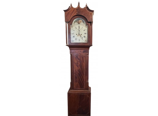 Antique Inlaid Mahogany Floor Clock With Moon Dial On Clock Face