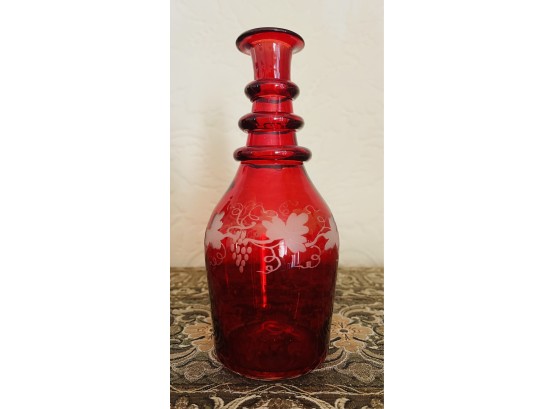 Antique Cranberry Etched Glass With Grape Design Decanter- No Stopper