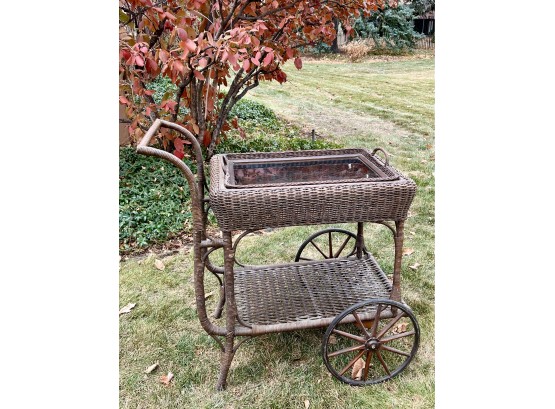 Amazing Antique Heywood Wakefield Wicker Tea Cart With Removable Glass Tray Top