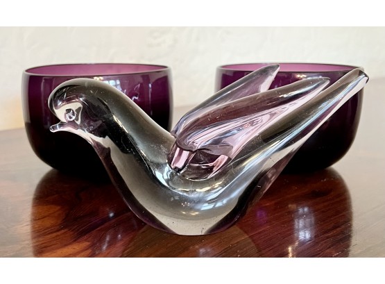 Vintage 3 Piece Lot Purple Glass With 2 Bowls 2.5 Inch Diameter, And Handblown Dove 3.5 Inches H