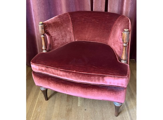 Vintage Red Velvet Tub Chair With Wood Accent