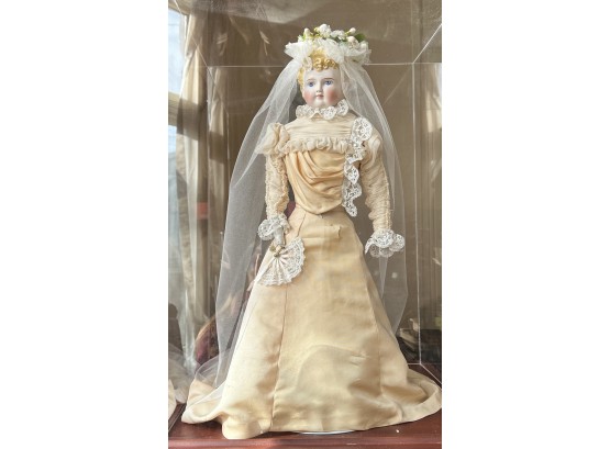 Antique 22' German Bisque Porcelain Doll In Peach Silk Dress Under Protective Acrylic Box Dress Has Tears