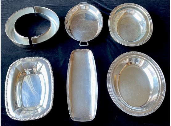 6 Silver Plate Serving Pieces With 1 Flower Centerpiece Semi-circles