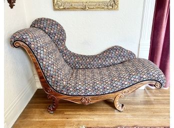 Antique 1820-1830s Rosewood Fainting Couch With Multi Colored Jacquard Fabric