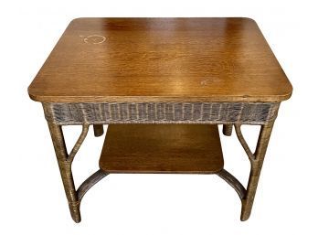 Heywood Wakefield Antique Wicker Side Table/Desk With Oak Top