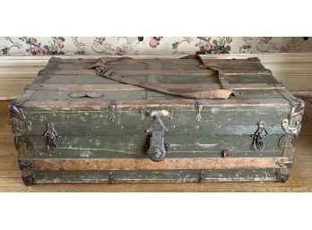 Antique Canvas Over Wood Trunk With Key