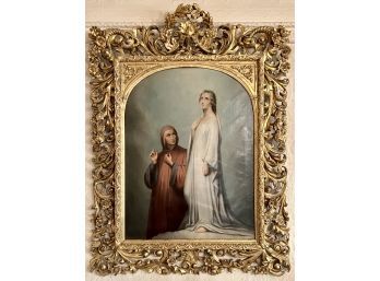 Antique Religious Oil Panting Woman Gazing Towards Heaven Old Master Style Unsigned Very Ornate Gilt Frame