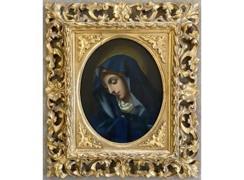 Antique Reproduction Oil Painting Madonna In Blue Heavy Ornate Gilt Frame