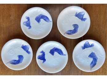 5 Antique Japanese Blue/White Plates With Fish Design