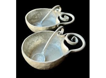 2 Hammered Pewter 1 3/4' Salters With Spoons