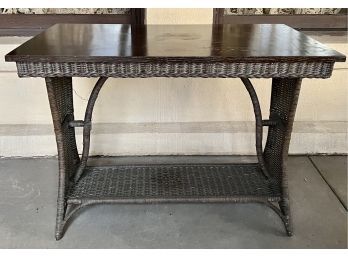 Heywood Wakefield Antique Wicker Base Table W/Oak Top And Lower Shelf