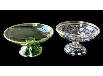 2 Antique Glass Footed Dishes, 1 Green 1 With Painted Blue 3'