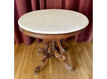 Antique Oval Table With Carved Wood Base And White Marble Top