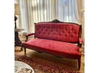 Victorian Era Settee With Wood Trim Tufted Back Red Velvet Fabric