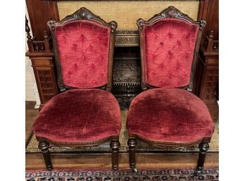 2 Victorian Era Red Velvet Parlor Chairs With Casters