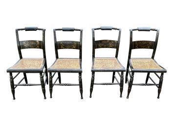 4 Antique Black Hitchcock Cane Seat Dining Chairs With Painted Backs