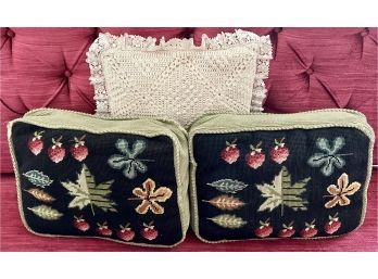 2 Antique Needlepoint & 1 Crochet Pillow Lot