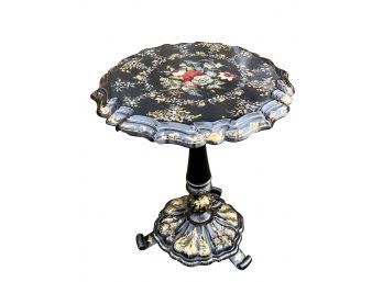 Antique Flip Top Round Side Table With Black Lacquer Finish And Mother Of Pearl