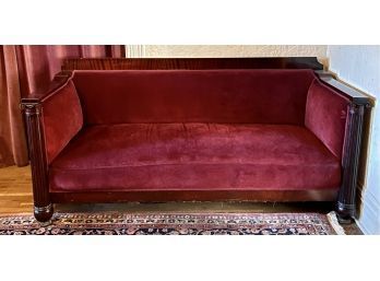 Antique 1840 Red Velvet Sofa With Wood Trim Large