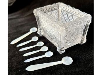 Antique Cut Crystal Salter With 6 Small Mother Of Pearl Spoons