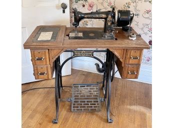 Wheeler & Wilson 1880's Antique Sewing Machine In Oak Cabinet Motor Added