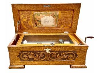 Fabulous 1890's Antique Swiss Made Music Box In Oak Cabinet Made By Jacot Plays 8 Tunes