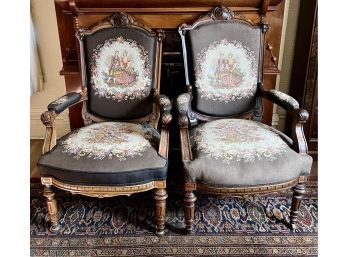2 Antique Eastlake Walnut Parlor Chairs With Tapestry Fabric