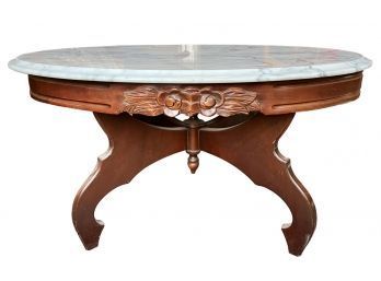 Vintage 1930s Marble Top Table With Carved Wood Base
