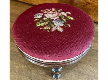 Antique Round Wood And Needlepoint Footstool