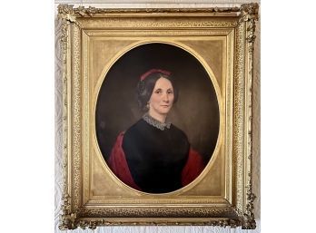 Original 19th Century Oil Painting Portrait Of Woman Red Shawl In Oval Gilt Frame
