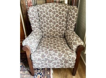 Vintage Floral Wing Chair With Mahogany Legs And Trim