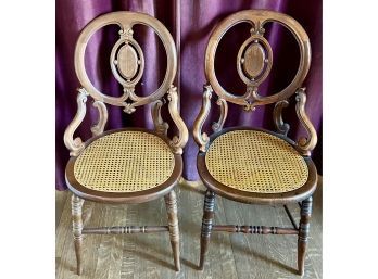 2 Antique Carved Walnut Cane Seat Chairs