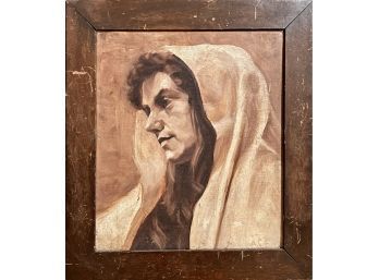 Original Oil Painting In Sepia Tones  Woman With Head Covering