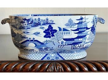19th Century Blue/White Chinoiserie Porcelain Oval Serving Plate With Handles Cracked/Repaired As Is