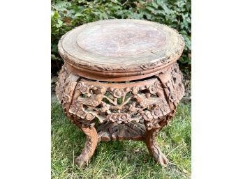 Carved Antique Asian Style Round Low Table With Marble Top Finish
