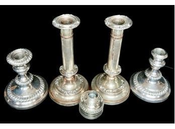 4 Vintage Silver Plate Candleholders With 5 Toppers