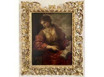 Antique Oil Painting Woman In Red Dress Holding Book No Signature Ornate Gilt Frame