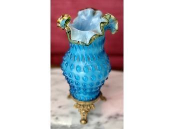 Beautiful Antique Blue Hobnail Vase With Ruffled Edge On Ornate Brass Base