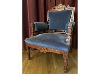 Antique Eastlake Blue Velvet Parlor Chair