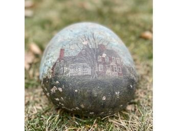 Antique Painted River Rock With Scene Of Red House