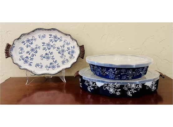 3 Pc. Blue Floral Lace Temp-tations Ceramic Cookware With Lids
