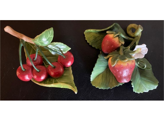 2 Fitz & Floyd Ceramic Fruit Figurines Cherries And Strawberries