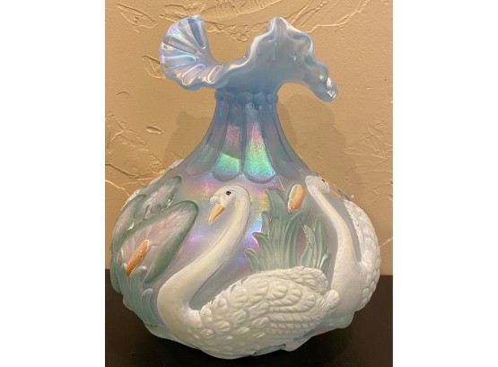 Outstanding Vintage Fenton Swan And Lilies Vase Iridescent With Ribbon Edge