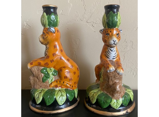 2 Ceramic Leopard Candle Holders