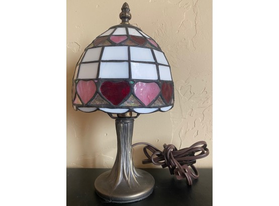 Small Metal Lamp With Heart Design Stained Glass Shade