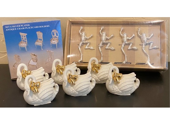 3 Boxes Assorted Place Card Holders With 6 Porcelain Mikasa Swans