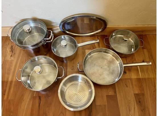 Large Lot Of Stainless Steel Wolfgang Puck Bistro Collection Pots,pans, Skillets And Lids