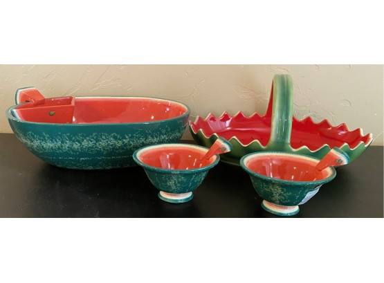 5 Pc Watermelon Ceramic Serving Dishes 1 With Handle