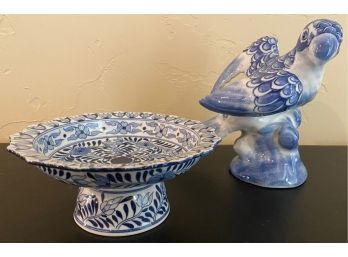 2 Pc Blue And White Ceramic Lot With 7' Parrot And Footed Plate